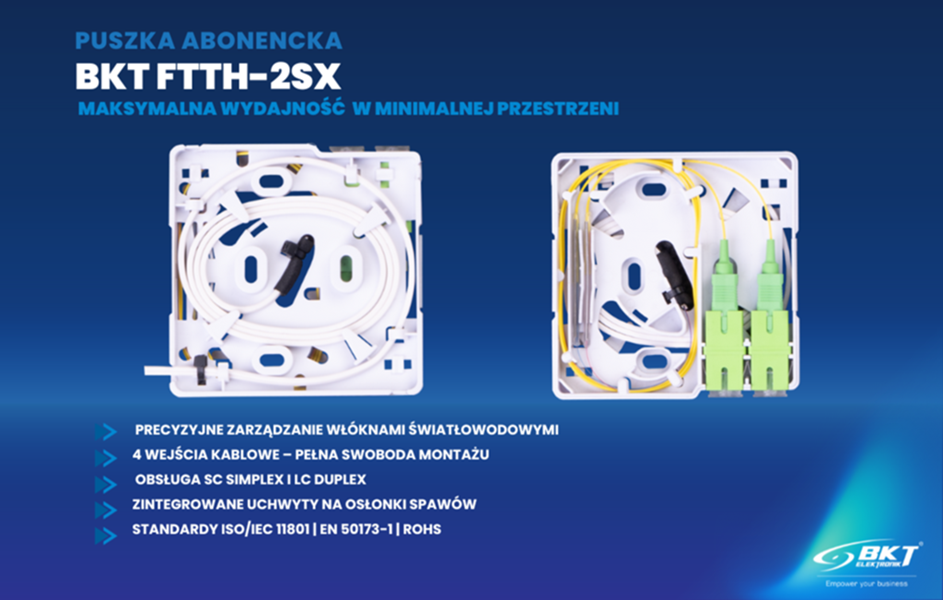 NOWA PUSZKA ABONENCKA BKT FTTH-2SX – BEZPIECZNE I INTUICYJNE ROZWIĄZANIE DLA SIECI FTTH
🔹 Kompaktowa.